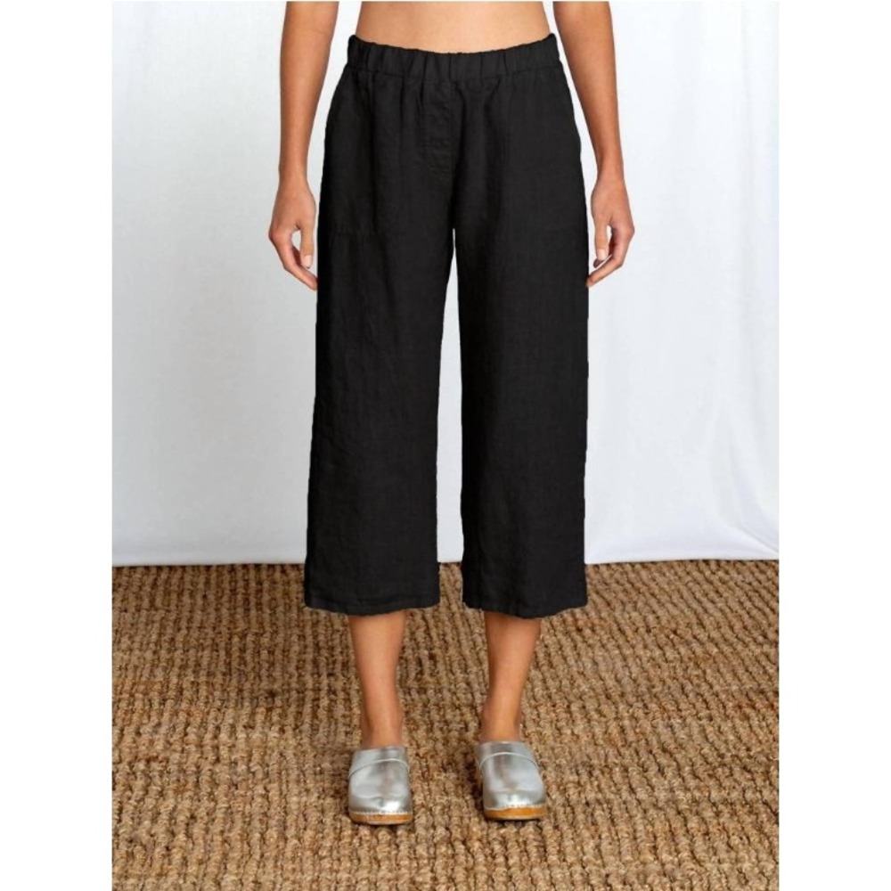 Cut Loose Black Solid Linen Easy Cropped Pants Wide Leg Side Pockets Lagenlook S